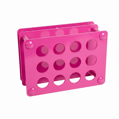 Max Pink bright pink Tattoo Ink Bottle Holder by GG Workshop — 12-hole powder-coated steel rack, angled product photo