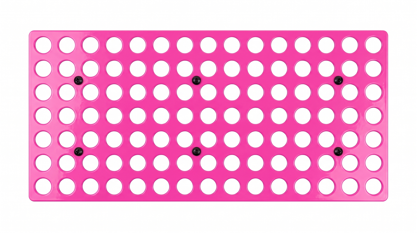 Max Pink bright pink Tattoo Ink Bottle Holder by GG Workshop — 105-hole powder-coated steel plate, product photo