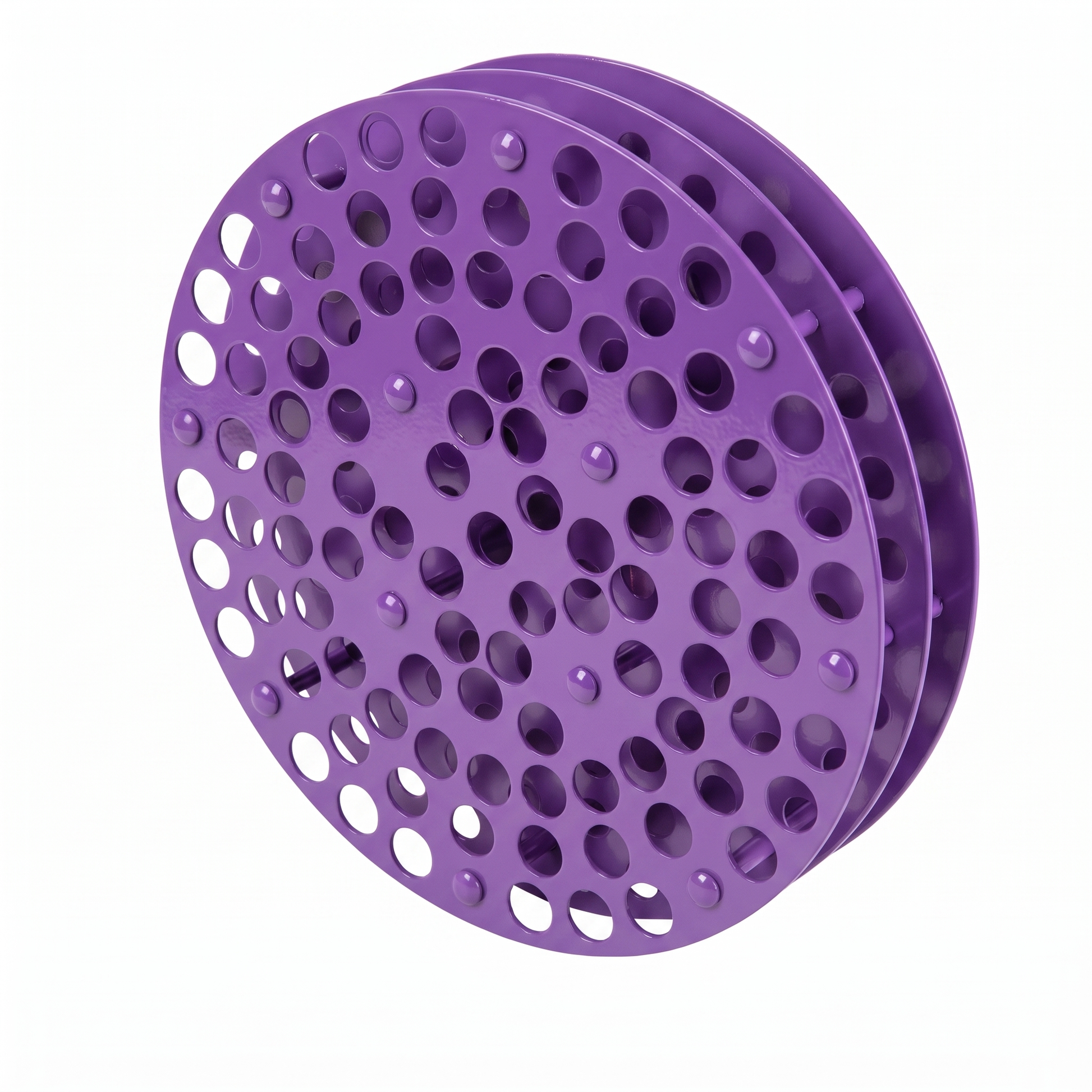 Purple pink violet round Tattoo Ink Wheel - Rotary Rack by GG Workshop — stacked perforated discs, angled view