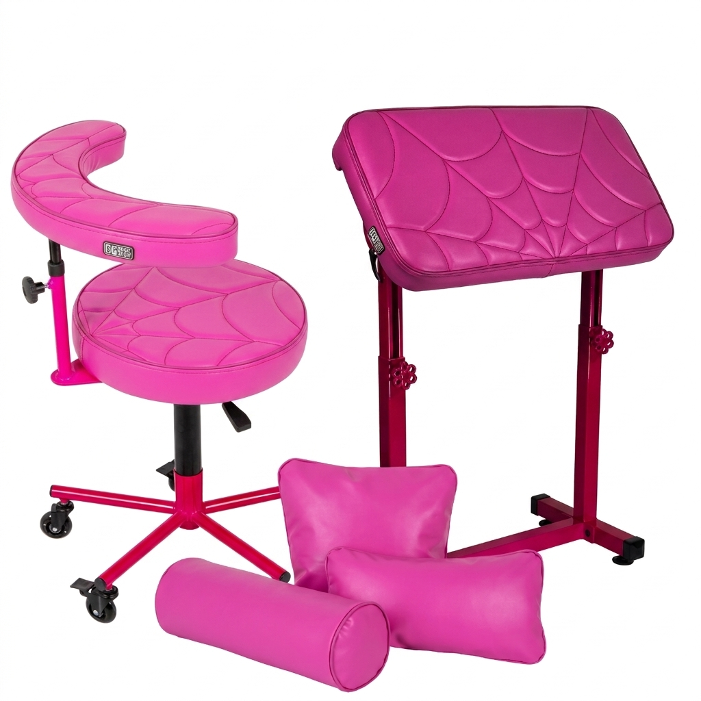 Max Pink GG Workshop bundle — spider web armrest XXL FAT BOY, real spider web artist chair and pillow set