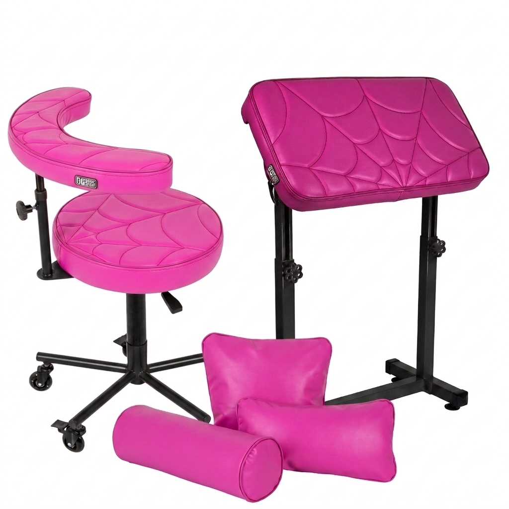 Max Pink GG Workshop bundle — spider web armrest, real spider web artist chair and pillow set, black powder-coated frames