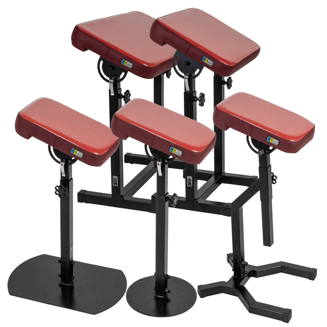 Red vinyl tattoo armrests set, including customized tattoo pillows and armrests for tattoo clients.